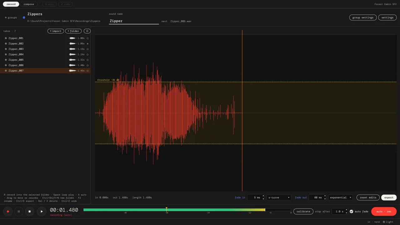 Pocket SFX recording a zipper sound in auto mode: the waveform of the take coming in, the threshold band, and the list of takes Zipper_001 to Zipper_007