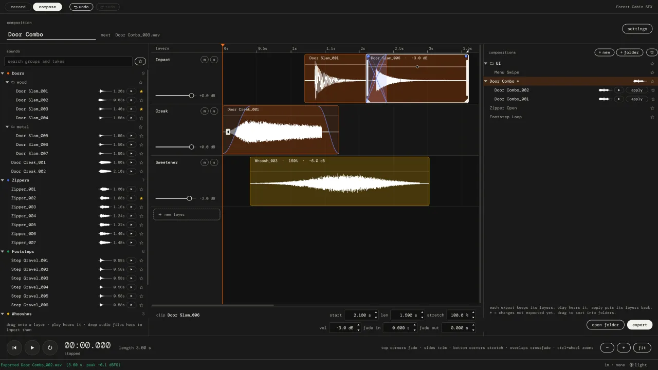 The compose tab in Pocket SFX: three layers named Impact, Creak and Sweetener with door slam, door creak and whoosh clips, fades and a crossfade
