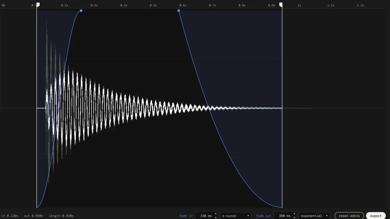 The take editor in Pocket SFX: a door creak waveform with trim flags, an s-curve fade-in and an exponential fade-out