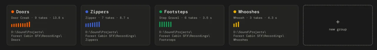 Pocket SFX project page with sound groups: Doors, Zippers, Footsteps and Whooshes, each showing its takes