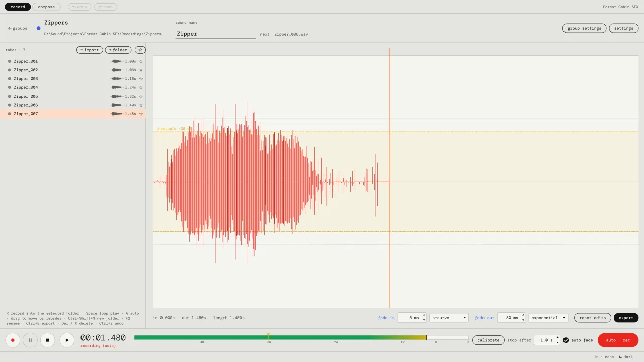 Pocket SFX recording a zipper sound in auto mode: the waveform of the take coming in, the threshold band, and the list of takes Zipper_001 to Zipper_007