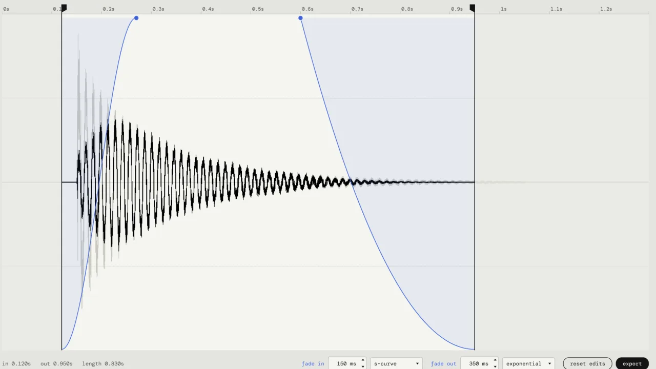 The take editor in Pocket SFX: a door creak waveform with trim flags, an s-curve fade-in and an exponential fade-out