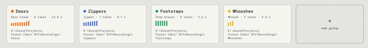 Pocket SFX project page with sound groups: Doors, Zippers, Footsteps and Whooshes, each showing its takes